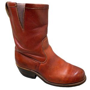 Vtg 1960s-70s UNKNOWN BRAND Men Short Work Biker Boot Pull On Russet Brown 8 D